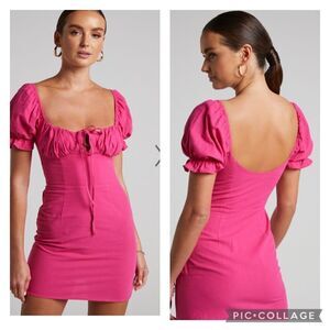 Showpo Hot Pink Whilma Mini Dress Puff Sleeves Flirty Romantic Size 16